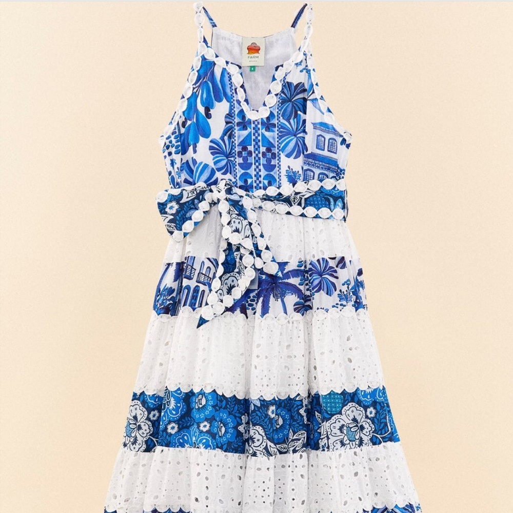Farm Rio White and Blue Prints Tiered Maxi Dress.